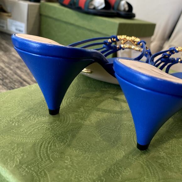 Rare! Gucci Crystal GG Logo Strappy Heeled Sandal Blue 38 - Picture 6 of 9